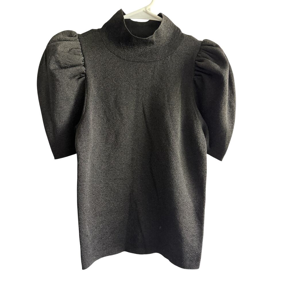 Alice + Olivia Issa Puff Sleeve Mock Turtleneck Sweater Top Black Metallic SZ M